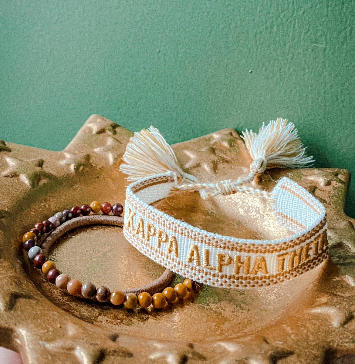 Kappa Alpha Theta Woven Bracelet, White and Gold Design