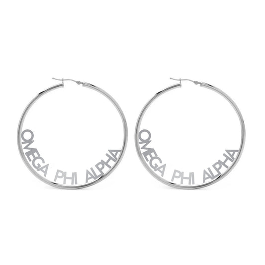 Omega Phi Alpha Silver Hoop Earrings- Name Design