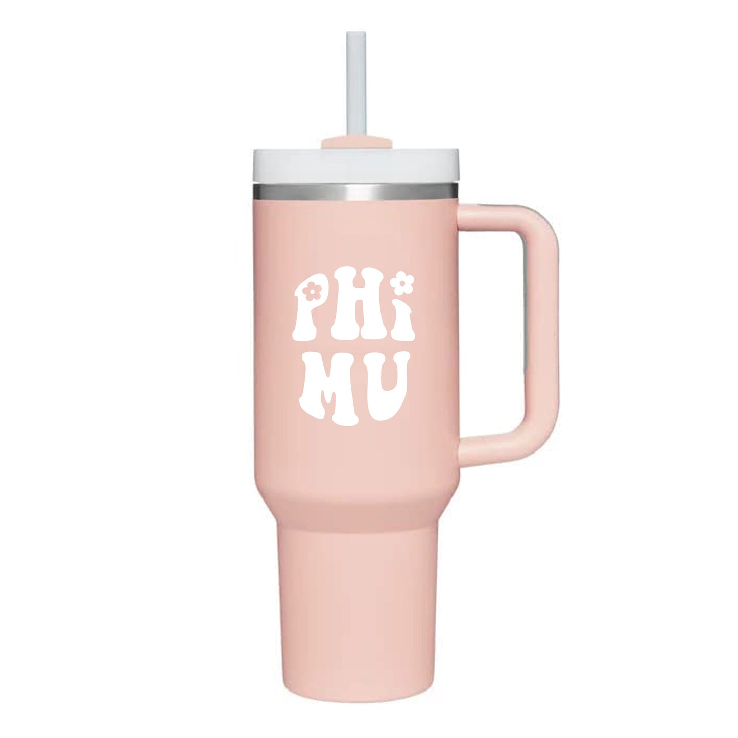 Phi Mu 40oz Stainless Steel Tumbler with Handle - Virginia Book Company