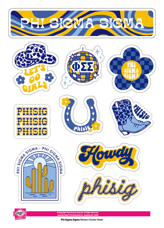 Phi Sigma Sigma Sticker Sheet - Western Disco Design