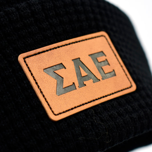 Sigma Alpha Epsilon Fraternity Beanie Hat - Black Winter Hat w/ Greek Letters Patch