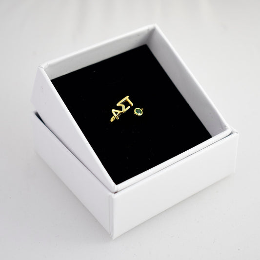 Alpha Sigma Tau Ring- Gold Plated with Greek Letters and CZ Gemstone