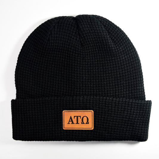 Alpha Tau Omega Fraternity Beanie Hat - Black Winter Hat w/ Greek Letters Patch