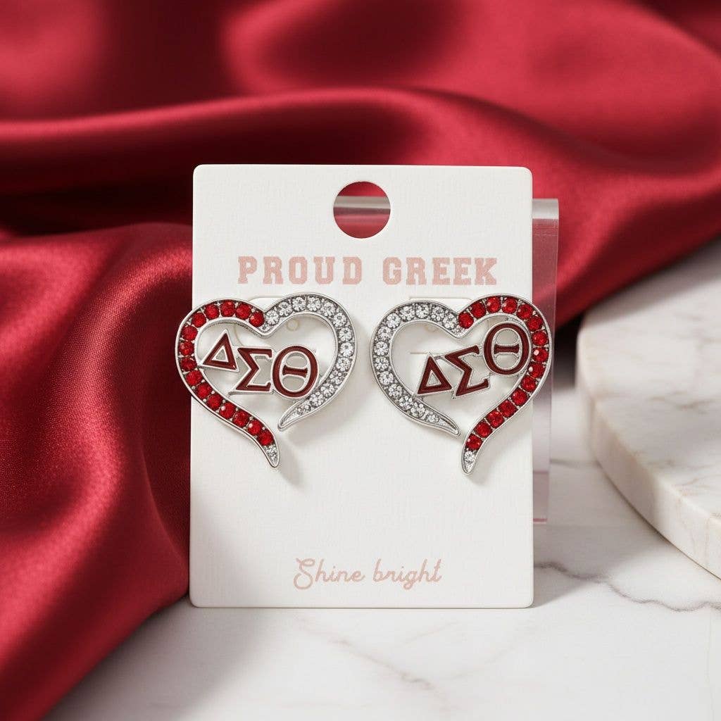 DST Delta Sigma Theta Sorority Heart Red Clear Bling Stud Earrings