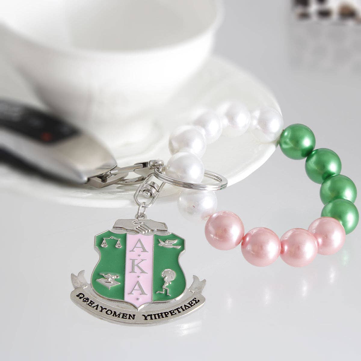 AKA Alpha Kappa Alpha Pink Green Pearl Shield Keychain