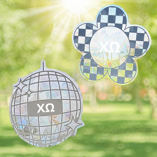 Chi Omega Suncatcher Decals- Set of 2: Flower & Disco Ball