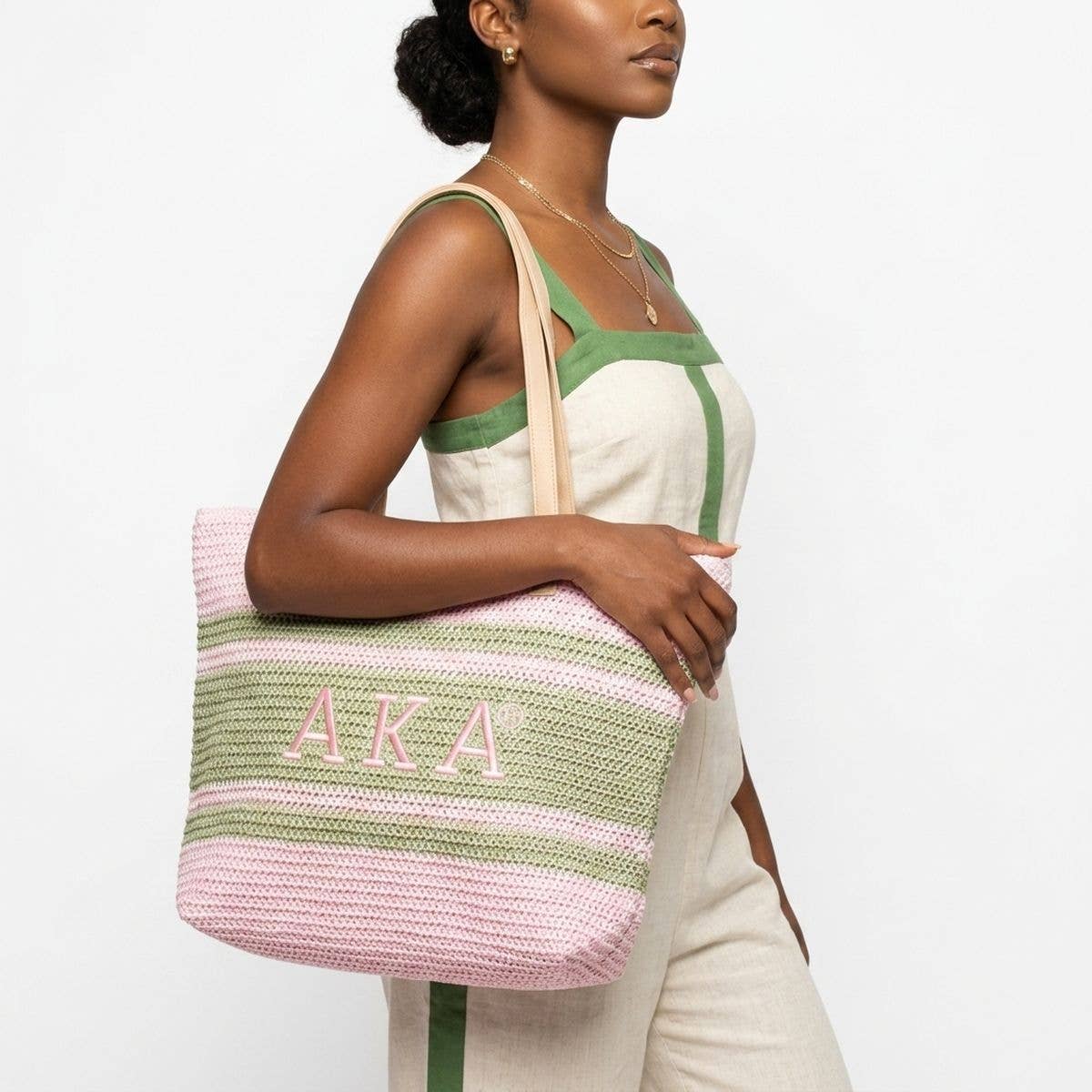 AKA Alpha Kappa Alpha Faded Pink Raffia Embroidered Beach Tote Bag