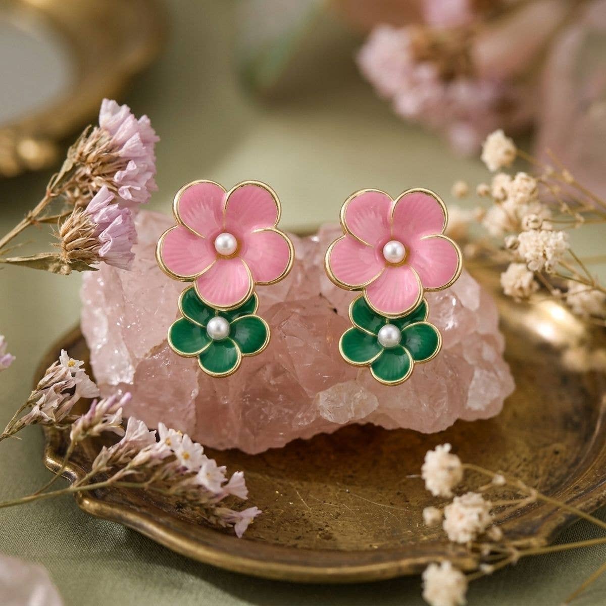 Alpha Kappa Alpha 14K Gold Pink Green AKA Double Flower Earrings