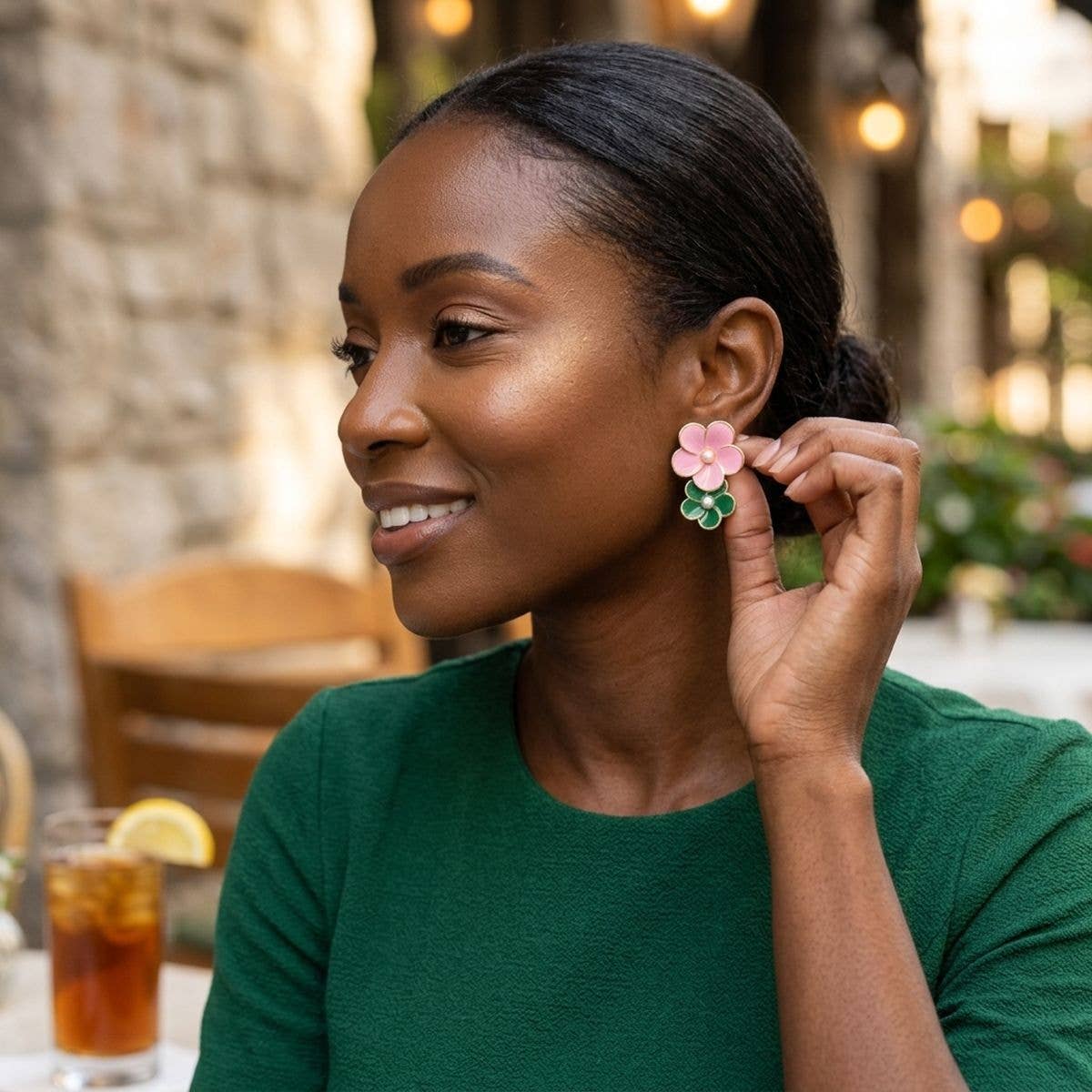 Alpha Kappa Alpha 14K Gold Pink Green AKA Double Flower Earrings