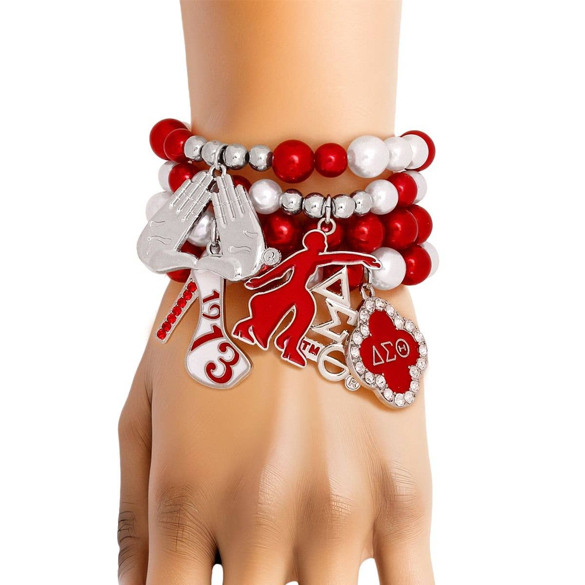 DST Delta Sigma Theta Red and White Pearl Charm Bracelets