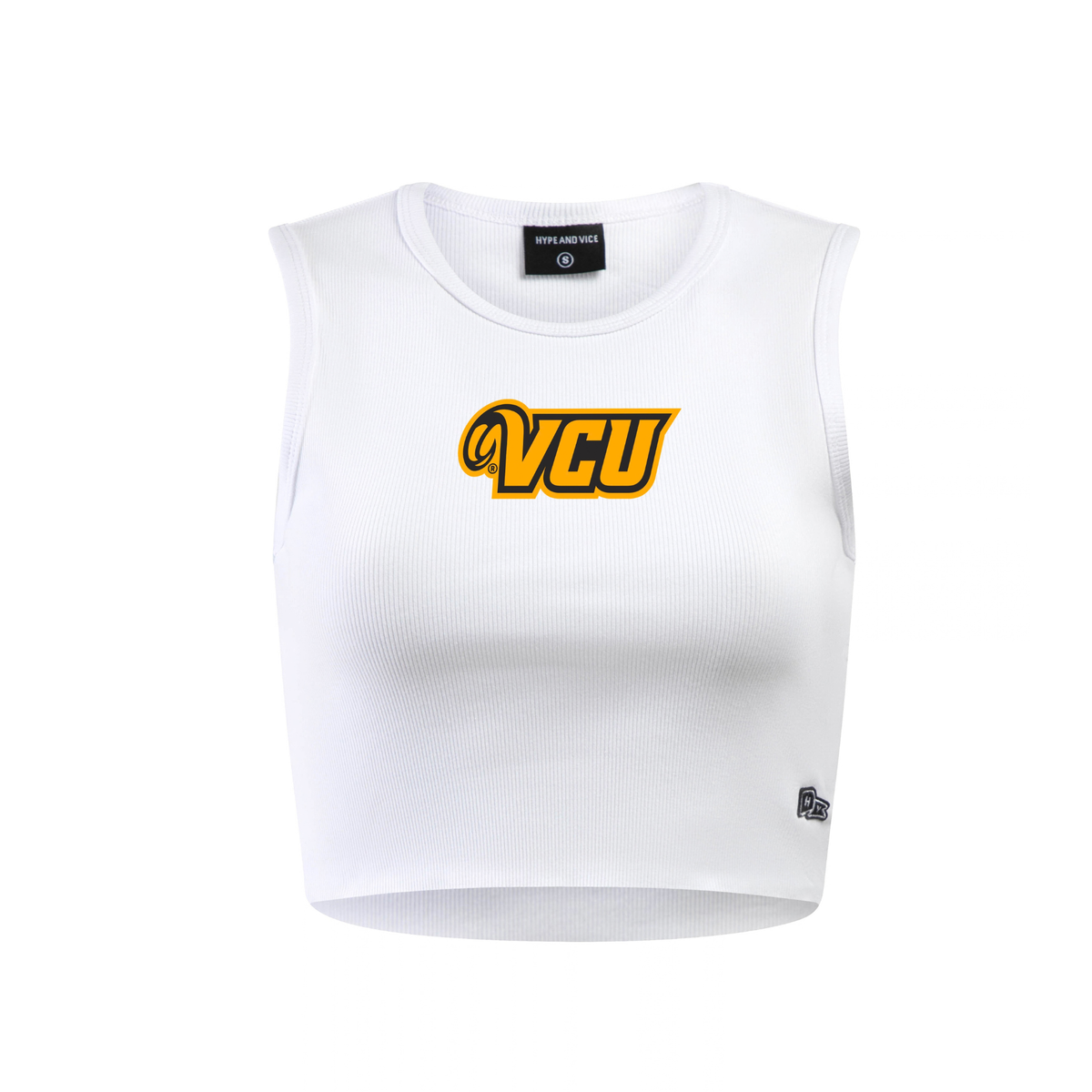 A white ribbed sleeveless crop top featuring a yellow and black 'VCU' logo on the chest