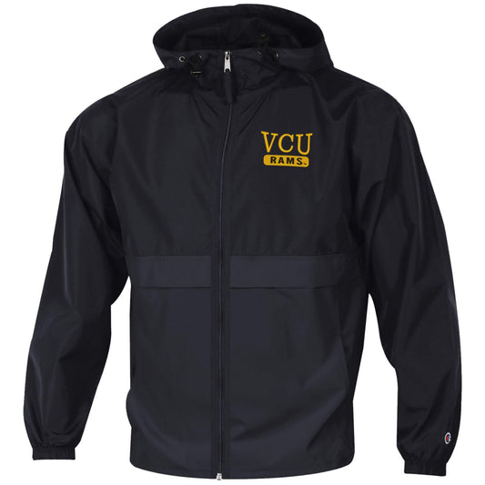 A black hooded windbreaker jacket with a front zipper, featuring a yellow and black 'VCU RAMS' logo on the left chest. 