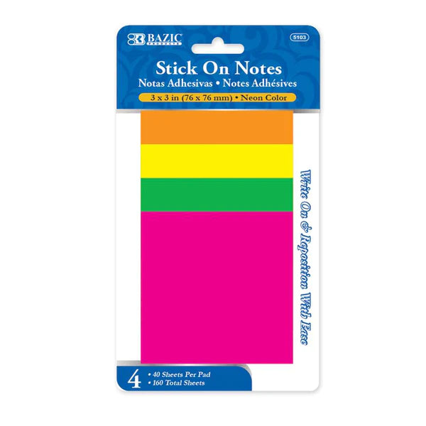 40 Ct. 3" X 3" Neon Stick On Notes (4/Pack)