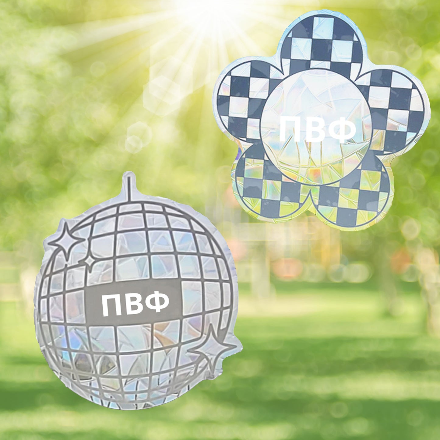 Pi Beta Phi Suncatcher Decals- Set of 2: Flower & Disco Ball