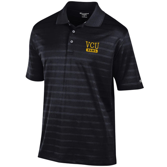 A black short-sleeve polo shirt with subtle horizontal stripes and a yellow 'VCU Rams' logo on the left chest.