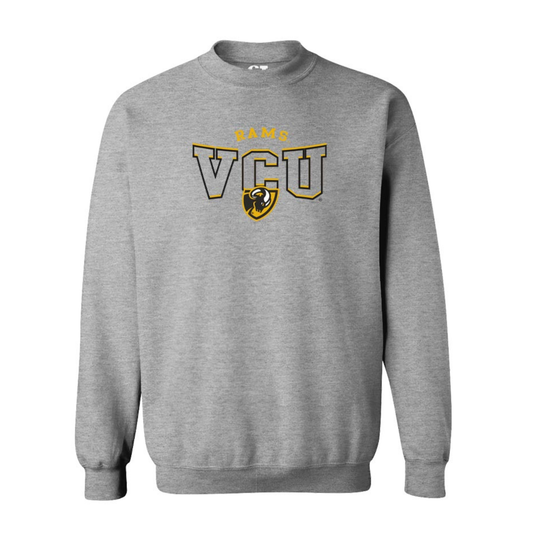A heather gray crewneck sweatshirt featuring a 'VCU Rams' graphic on the chest with a yellow and black outline and a mascot logo.