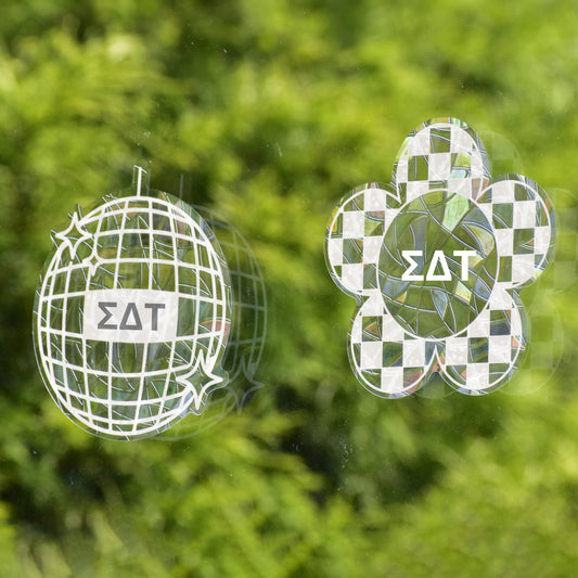 Sigma Delta Tau Suncatcher Decals- Set of 2: Flower & Disco Ball