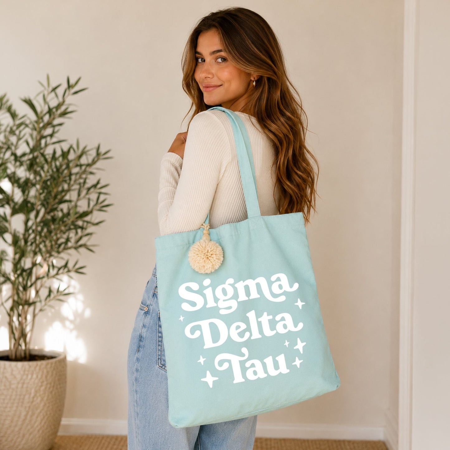 Sigma Delta Tau Retro Pom Pom Tote Bag