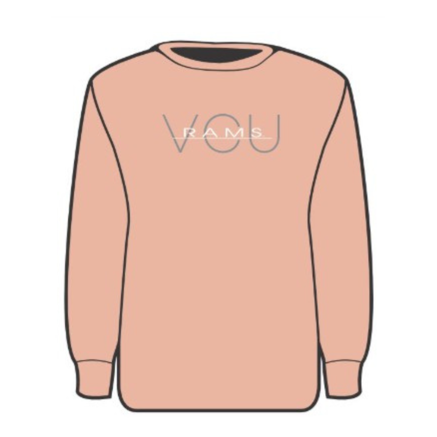 A peach-colored long-sleeve crewneck sweatshirt with 'VOU RAMS' printed across the chest in a thin gray outline font, shown on a plain white background.