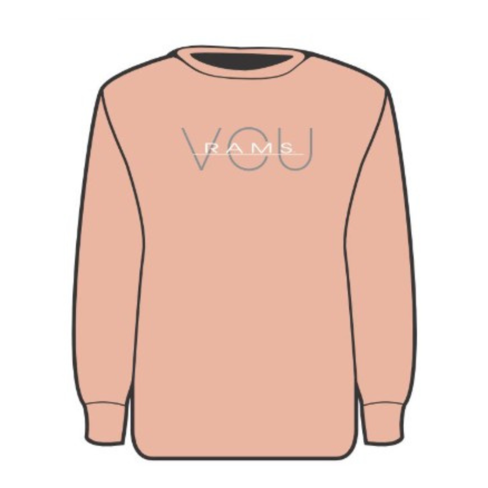 A peach-colored long-sleeve crewneck sweatshirt with 'VOU RAMS' printed across the chest in a thin gray outline font, shown on a plain white background.