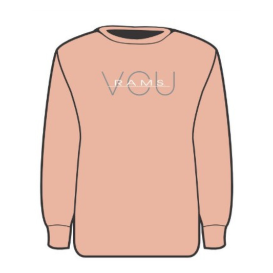 A peach-colored long-sleeve crewneck sweatshirt with 'VOU RAMS' printed across the chest in a thin gray outline font, shown on a plain white background.