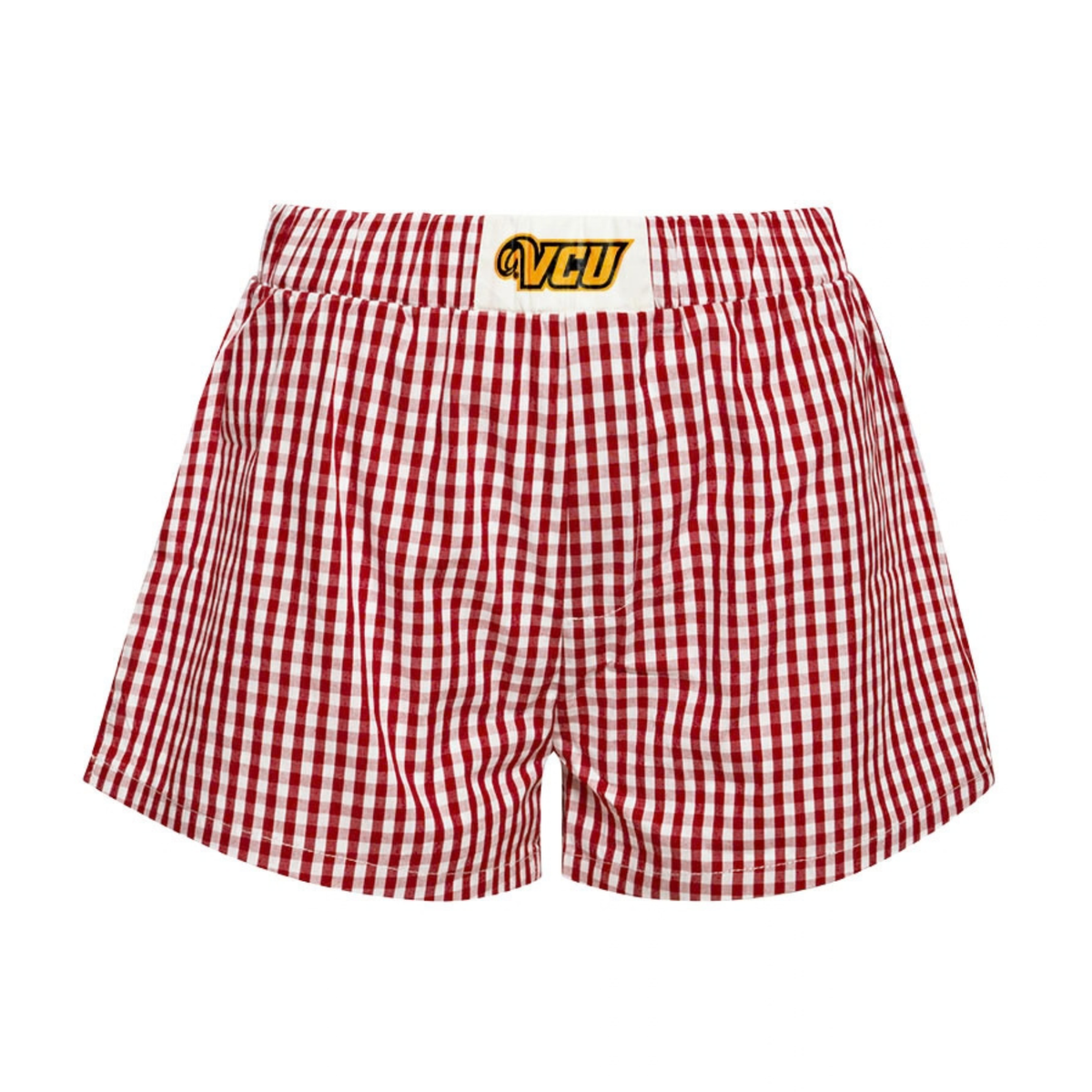 Red and white gingham check boxer shorts with a white waistband featuring a yellow and black VCU logo patch.