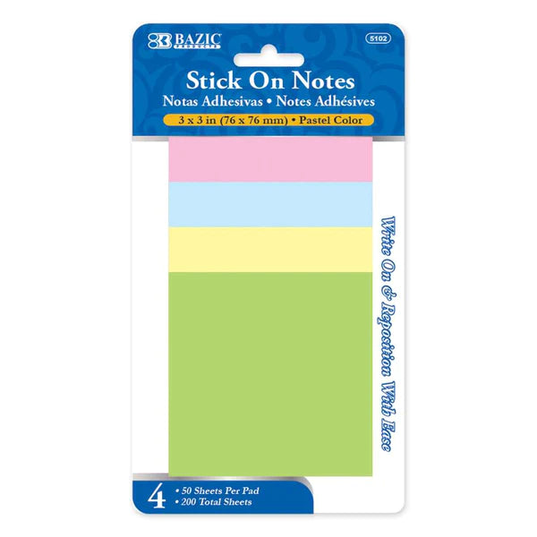 50 Ct. 3" X 3" Stick On Notes (4/Pack)