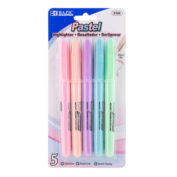 BAZIC Pen Style Pastel Highlighter w/ Pocket Clip (5/Pack) - Virginia Book Company