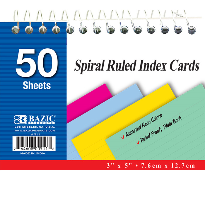 BAZIC 50 Ct. Spiral Bound 3" X 5" Ruled Colored Index Card - Virginia Book Company