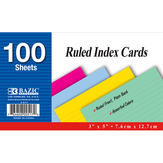 BAZIC 100 Ct. 3" X 5" Ruled Colored Index Card - Virginia Book Company