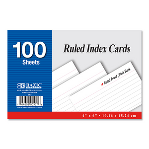 BAZIC 100 Ct. 4" X 6" Ruled White Index Card - Virginia Book Company