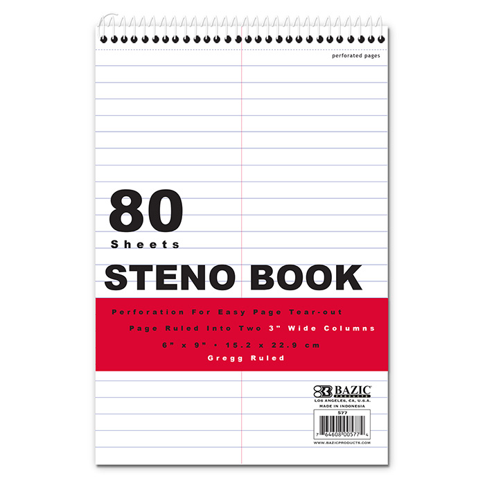 BAZIC 80 Ct. 6" X 9" White Paper Gregg Ruled Steno Book - Virginia Book Company