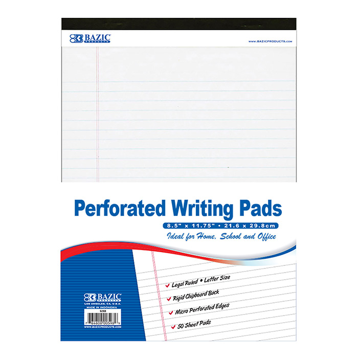 BAZIC 50 Ct. 8.5" X 11.75" White Perforated Writing Pads - Virginia Book Company