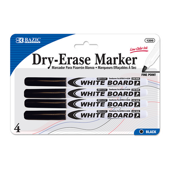 BAZIC Black Fine Tip Dry-Erase Markers (4/Pack) - Virginia Book Company