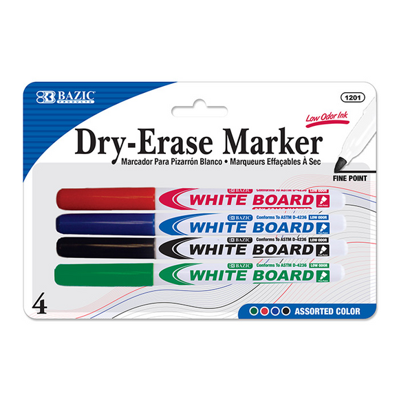 BAZIC Assorted Colors Fine Tip Dry-Erase Markers (4/Pack) - Virginia Book Company