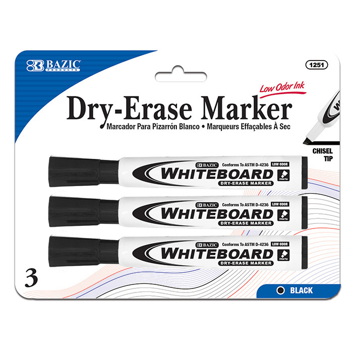 BAZIC Black Chisel Tip Dry-Erase Markers (3/Pack) - Virginia Book Company