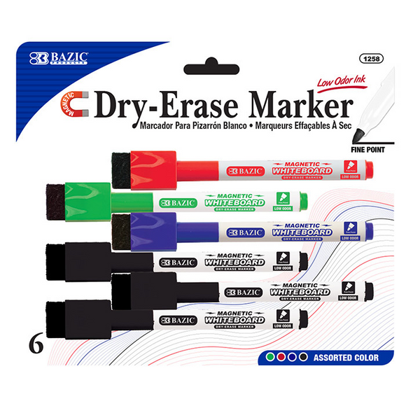 BAZIC Assorted Colors Magnetic Dry-Erase Markers (6/Pack) - Virginia Book Company