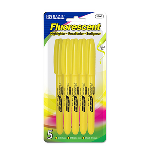 BAZIC Yellow Pen Style Fluorescent Highlighter w/ Pocket Clip (5/Pack) - Virginia Book Company