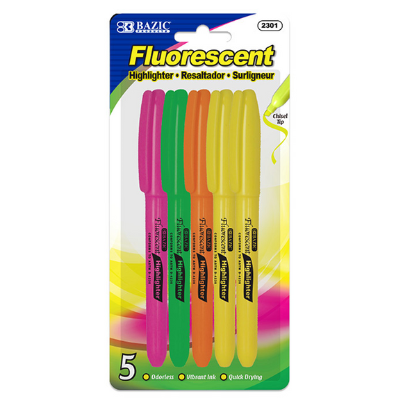 BAZIC Pen Style Fluorescent Highlighter w/ Pocket Clip (5/Pack) - Virginia Book Company
