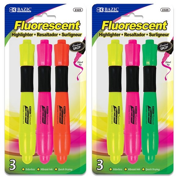 BAZIC Desk Style Fluorescent Highlighter w/ Cushion Grip (3/Pack) - Virginia Book Company