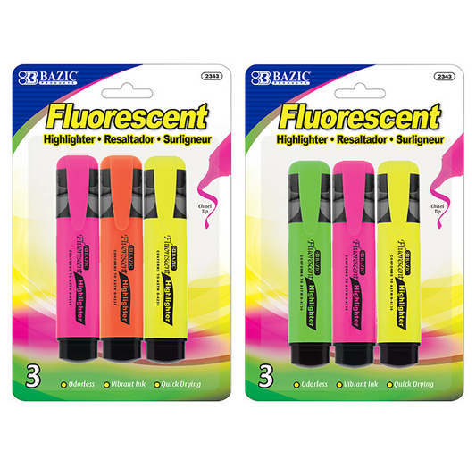 BAZIC Fluorescent Highlighter w/ Pocket Clip (3/Pack) - Virginia Book Company