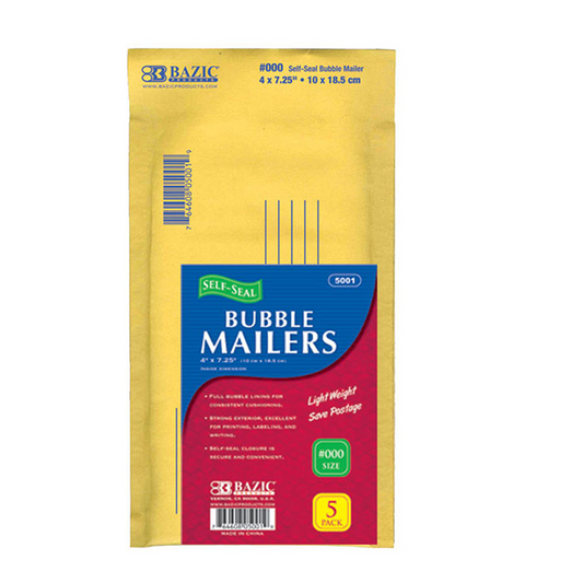 BAZIC 4" X 7.25" (#000) Self-Seal Bubble Mailers (5/Pack) - Virginia Book Company
