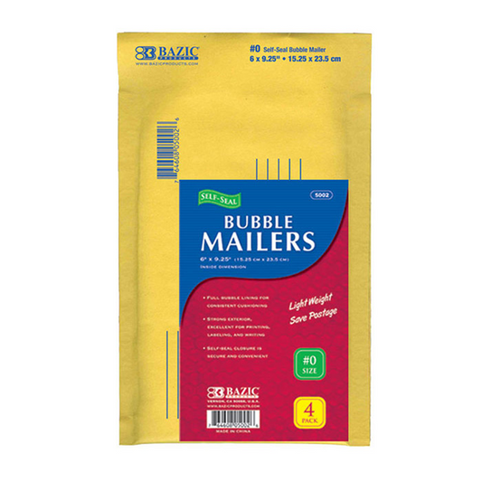 BAZIC 6" X 9.25" (#0) Self-Seal Bubble Mailers (4/Pack) - Virginia Book Company