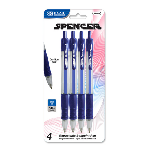 BAZIC Spencer Blue Retractable Pen w/ Cushion Grip (4/Pack) - Virginia Book Company