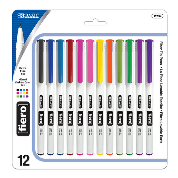 BAZIC 12 Color Fiero Fiber Tip Fineliner Pen - Virginia Book Company