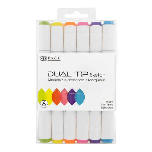 BAZIC 6 Fluorescent Colors Dual Tip Sketch Markers - Virginia Book Company